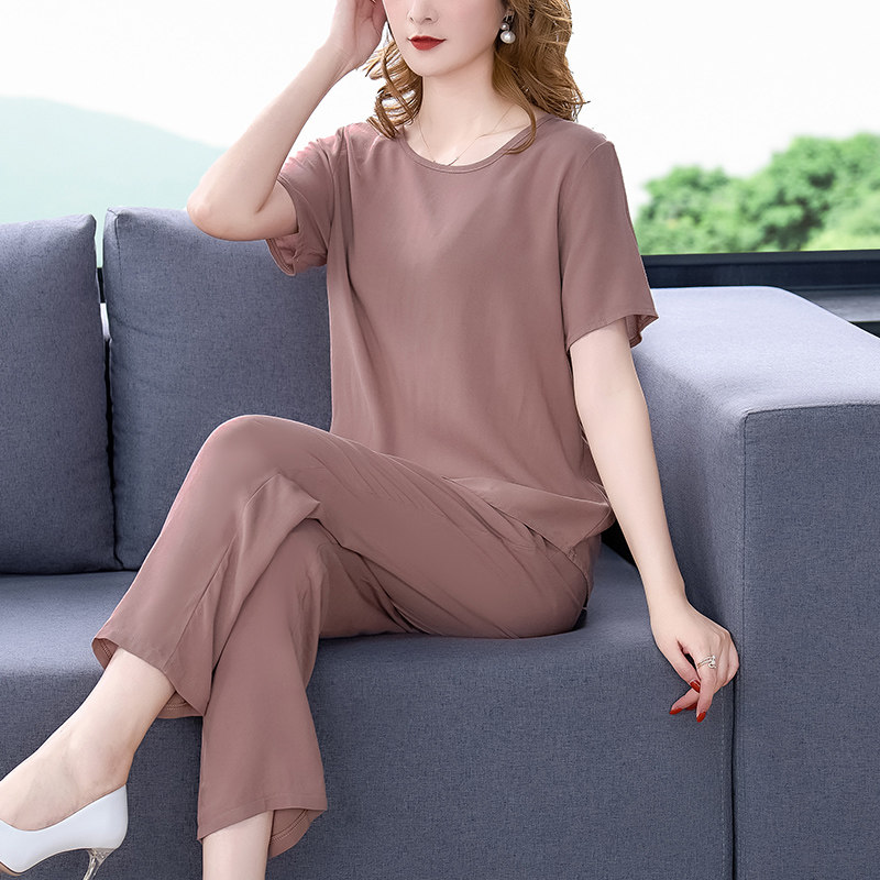 棉绸睡衣套装女夏装妈妈时尚可外穿洋气短袖休闲家居服两件套大码