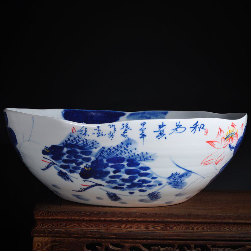 花瓶陶瓷陶艺荷花大碗金鱼缸 景德镇手绘摆件 客厅新家现代装饰品