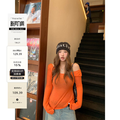 鱼鱼来咯 多彩计划 微胖mm韩系多巴胺斜肩长袖针织衫高级感上衣