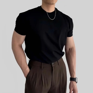 夏季2026新款韩版正肩短袖T恤男士上衣潮流圆领修身百搭纯色t恤衫