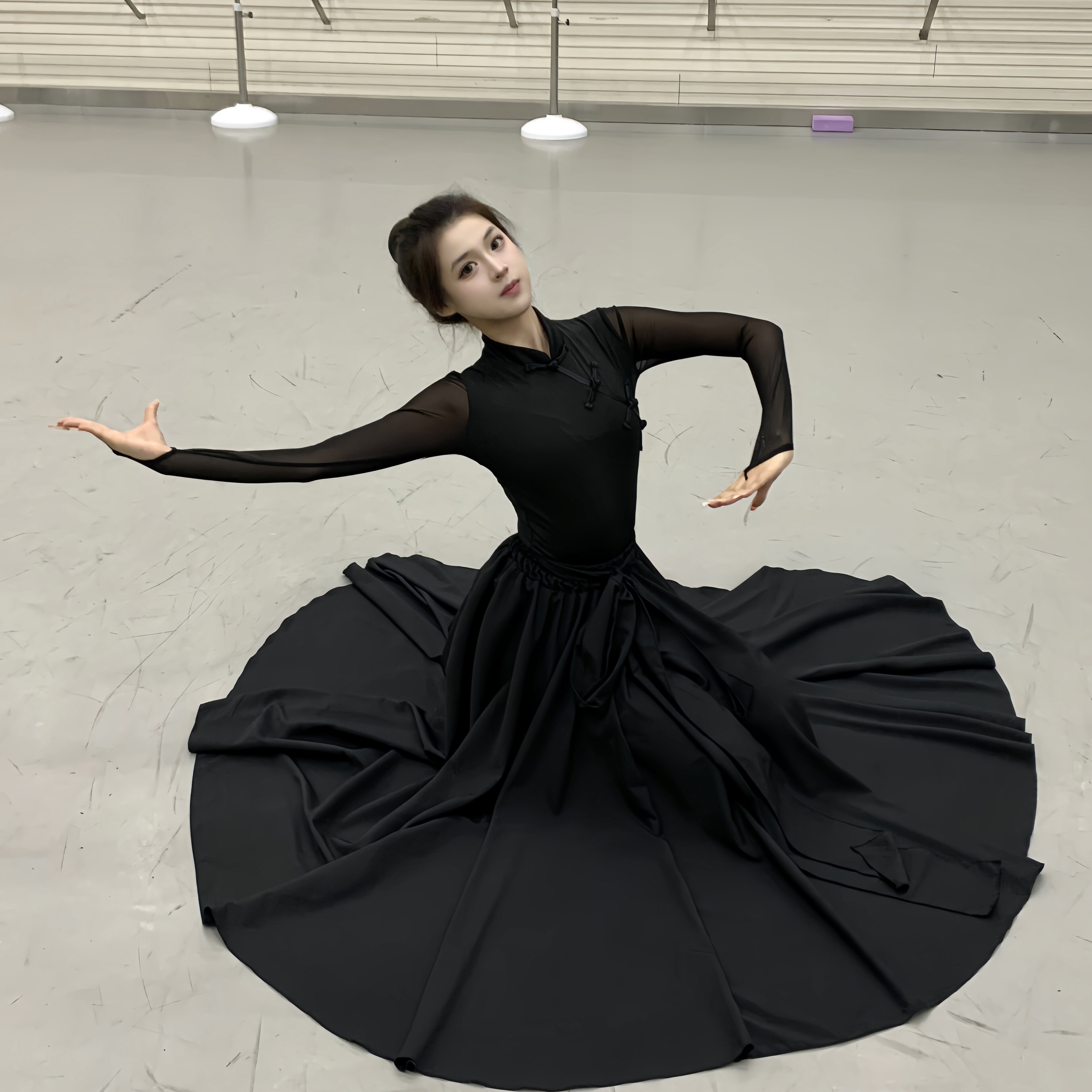 藏族舞蹈黑色练习裙女艺考蒙古族少数民族新疆现代舞大摆裙演出服