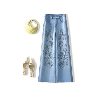 蓝色花朵刺绣阔腿牛仔裤女2026春夏季新款高腰大码宽松拖地大脚裤