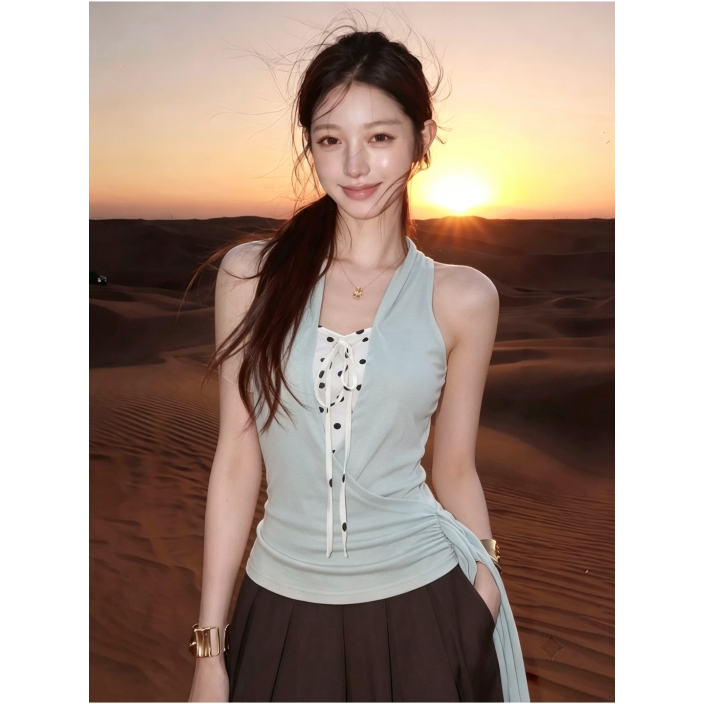 韩系挂脖假两件波点系带背心女夏季新款修身显瘦辣妹外穿吊带上衣