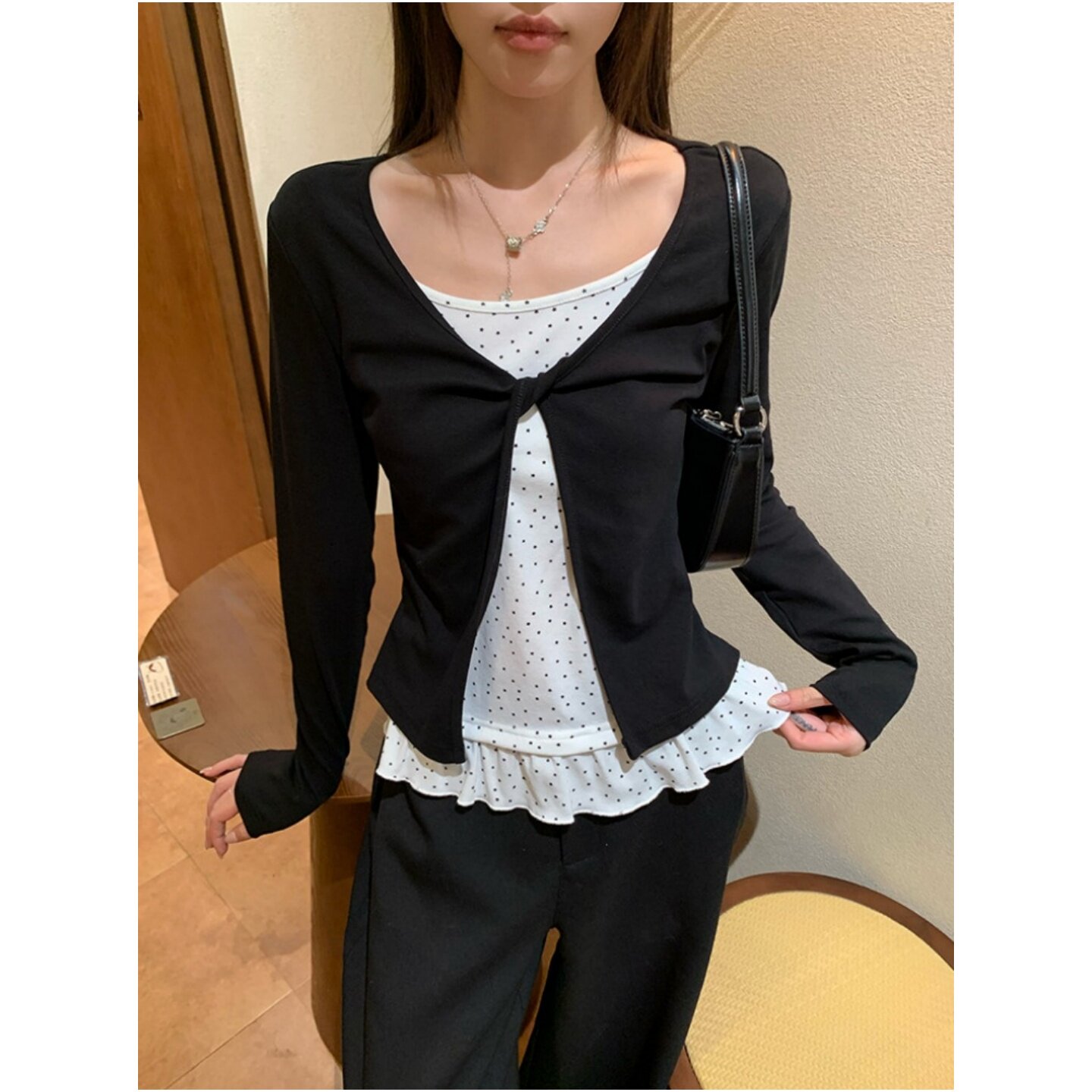 韩版chic扭结假两件荷叶边长袖T恤女秋季黑色波点修身显瘦上衣潮