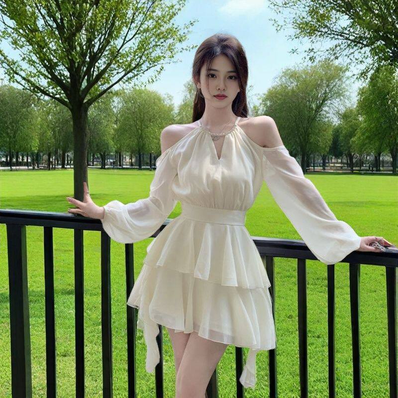 春夏大码胖mm法式长袖连衣裙仙女收腰甜美雪纺短裙荷叶边蛋糕裙子