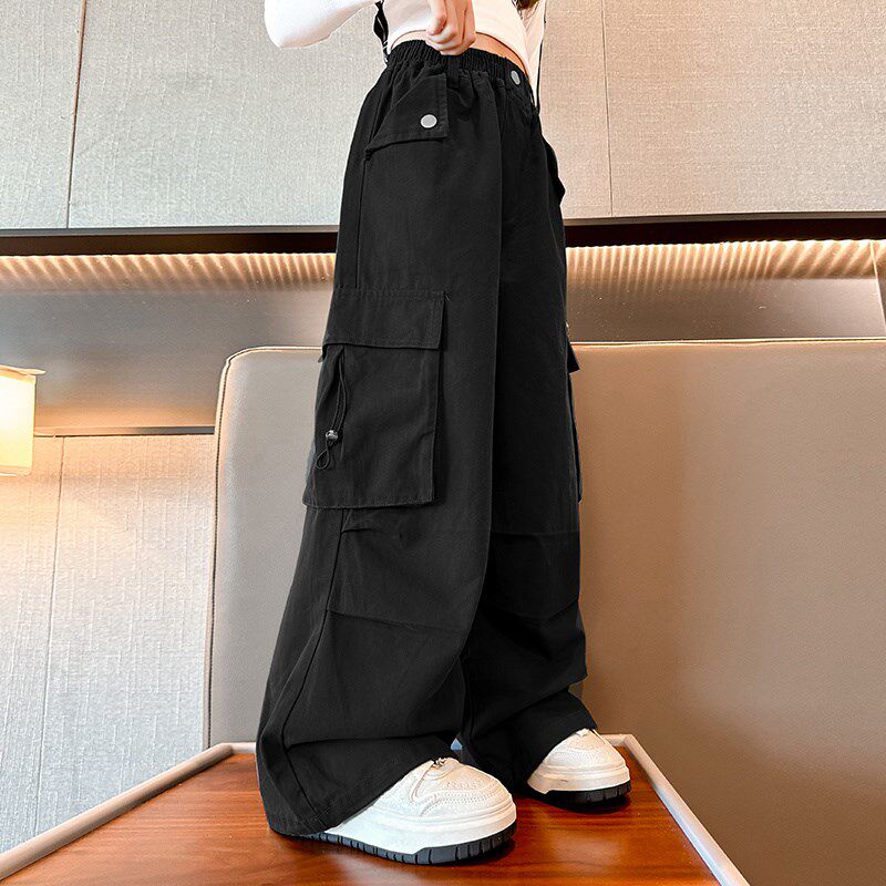 女童裤子春秋款2024新款秋装中大童时尚休闲直筒阔腿裤儿童工装裤