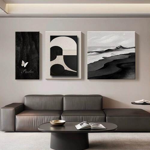 黑白现代简约客厅挂画沙发背景墙装饰画高级感2025新款大白墙壁画