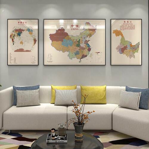 侘寂风现代简约中国世界地图客厅沙发背景墙挂画暖色系三联装饰画