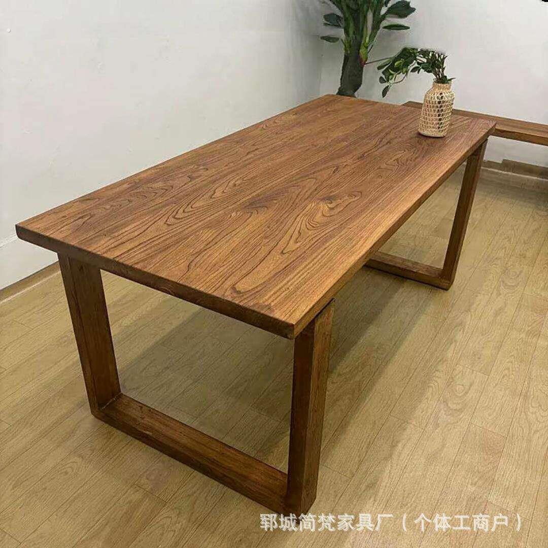 北方老榆木茶桌办公茶室长版大板桌实木中岛流水台待客吃饭餐桌椅