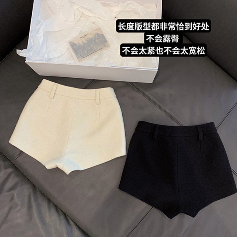 50%羊毛黑白日常简约百搭短裤显瘦薄毛呢裤子休闲直筒裤