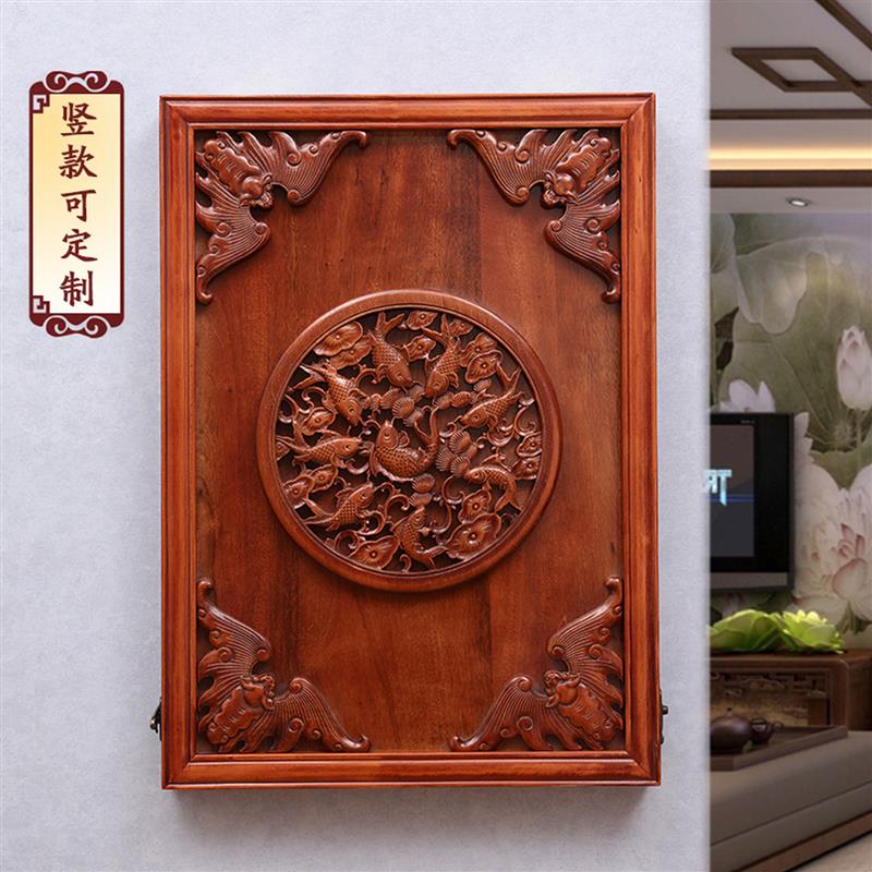 竖款新中式香樟实木客厅电表箱装饰画遮挡箱挂画配电箱装饰盒壁画