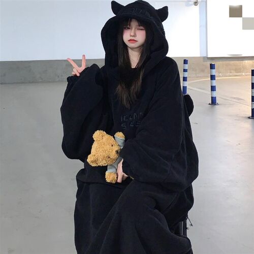 小恶魔睡袍女秋冬季新款长款珊瑚绒情侣睡衣男加绒加厚家居服卫衣