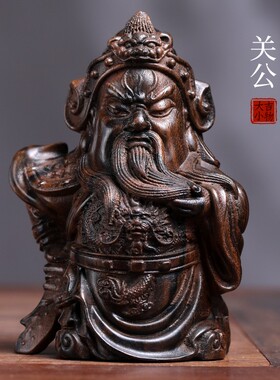 天然黑丝沉香木可爱萌关公关二爷摆件武财神关羽神像手把件小物件