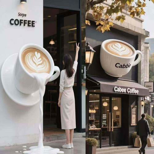 玻璃网红打卡咖啡杯雕塑户外仿真咖啡豆装饰钢摆拍件大店铺门头照