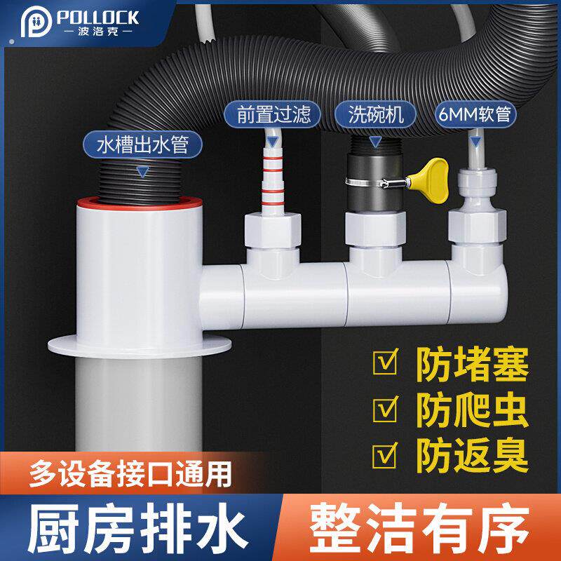 厨房下水管三通排水管防臭多功能前置过滤器洗碗机净水器接头神器