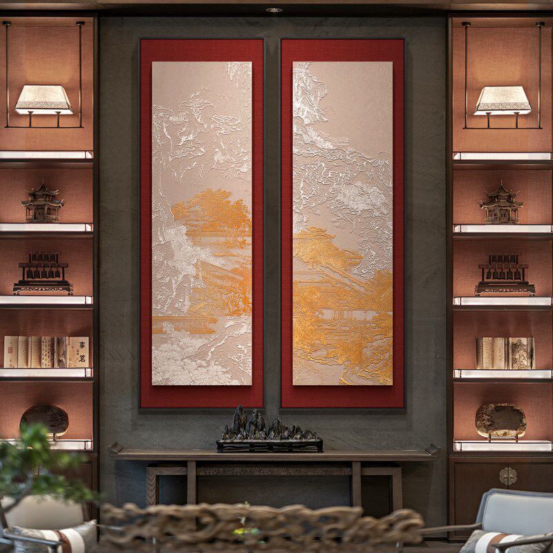 新中式客厅装饰画《山水意境图》高档大气风景浮雕三联组合挂画