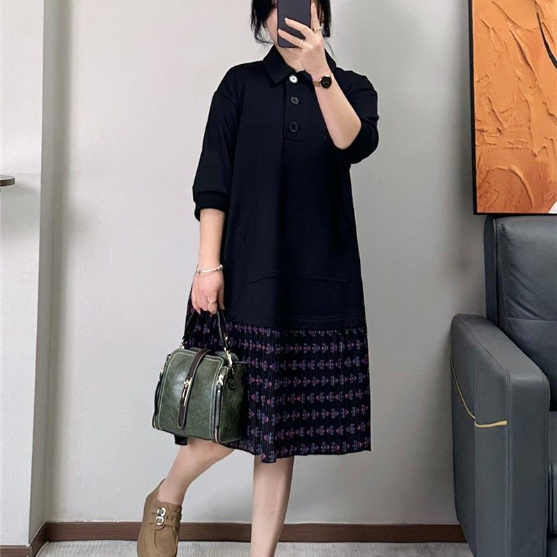 胖mm大码女装2024春夏季新款拼接假两件连衣裙休闲宽松短袖T恤裙