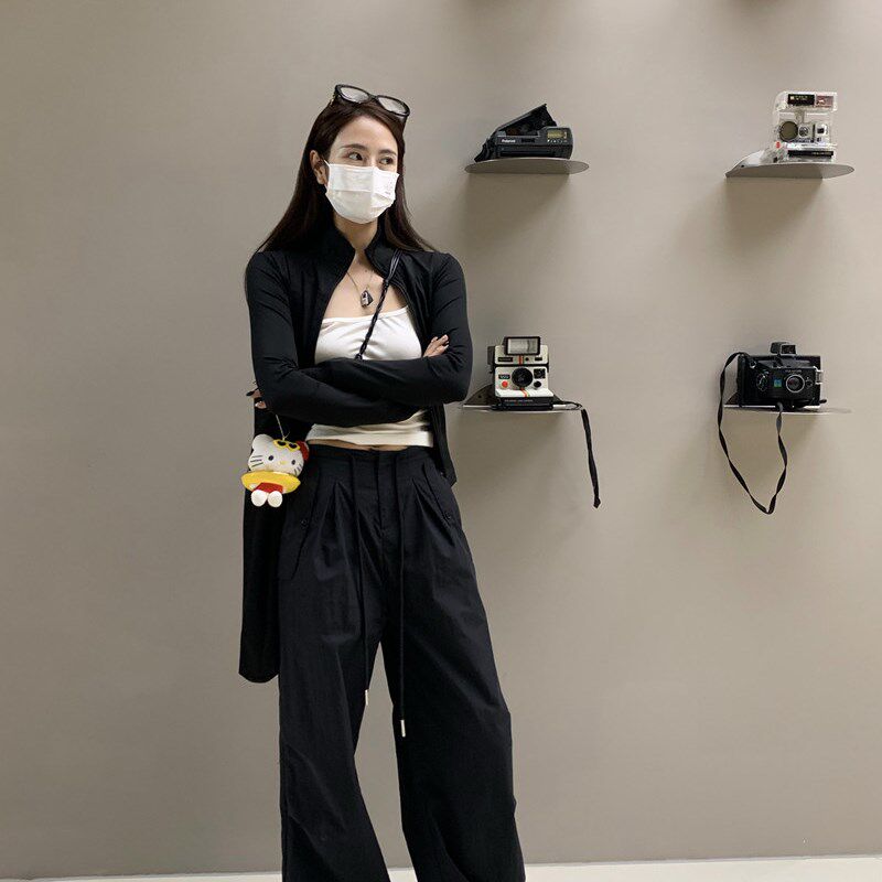 留下 1992 夏季黑色降落伞美式工装裤女百搭薄款抽绳两穿直筒裤女