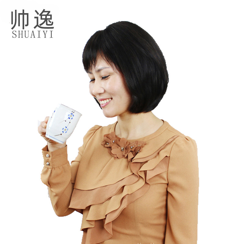 真人发丝中老年妈妈中长梨花头中年人真发递针全手织假发女圆脸