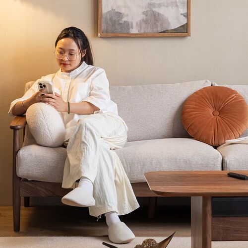 拾影木筑 北欧实木沙发客厅小户型日式布艺沙发黑胡桃木三人沙发