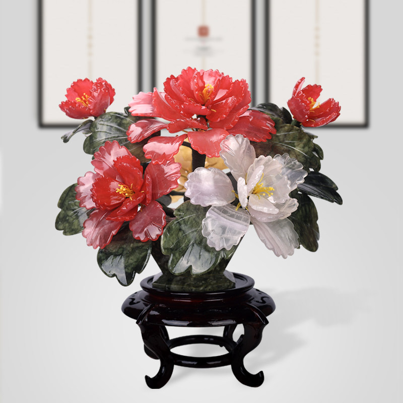 天然玉石牡丹花玉雕景泰蓝工艺品宫廷古风新中式禅意礼品盆景摆件