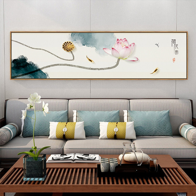 新中式卧室床头画主卧房间荷花装饰画蜻蜓游鱼老人房壁画客厅挂画