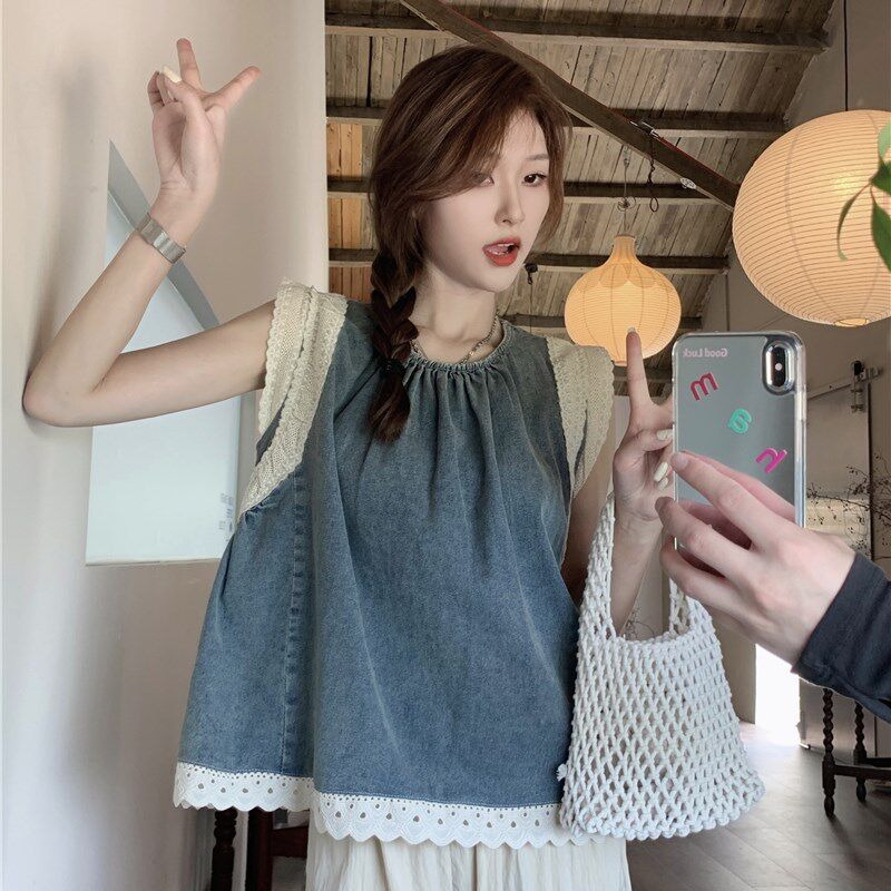 复古甜美假两件牛仔吊带背心女夏季宽松圆领蕾丝拼接无袖短款衬衫