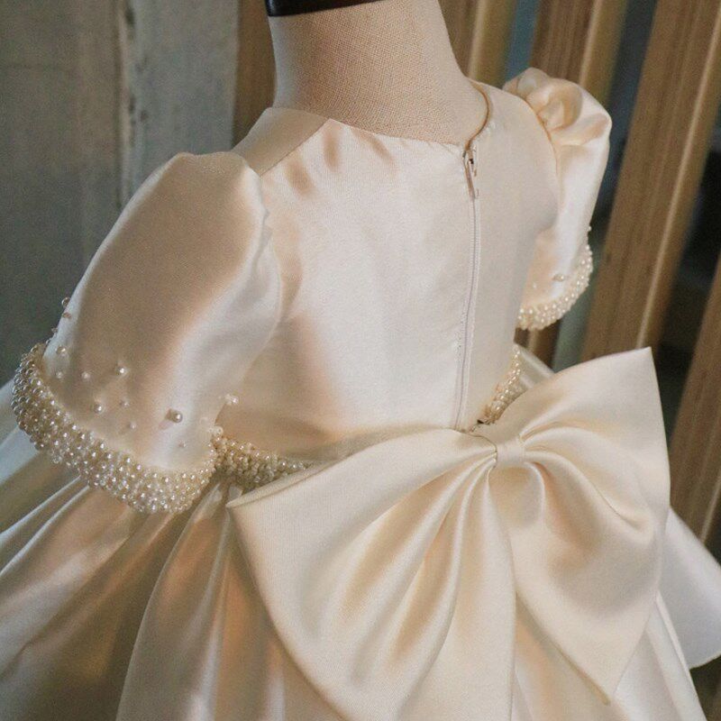 儿童缎面礼服女花童婚礼小女孩生日公主裙高级女童走秀钢琴演出服