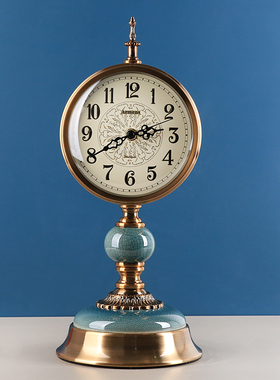 美式创意轻奢客厅陶瓷座钟冰纹台钟家居卧室工艺品静音钟表摆件