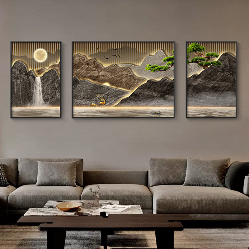 流水生财客厅装饰画新中式山水沙发背景墙挂画高级感三联寓意壁画