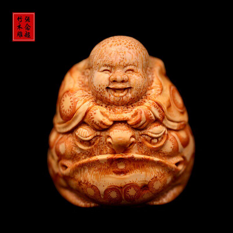 天然竹根雕刻刘海戏金蟾手把件张念超手工工艺品竹雕装饰摆件文玩