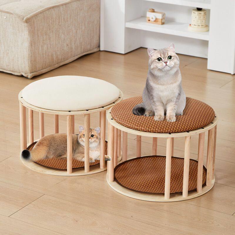 可坐猫窝凳实木猫窝凳四季通用夏季狗窝送凉席猫咪爬架跳台一体多