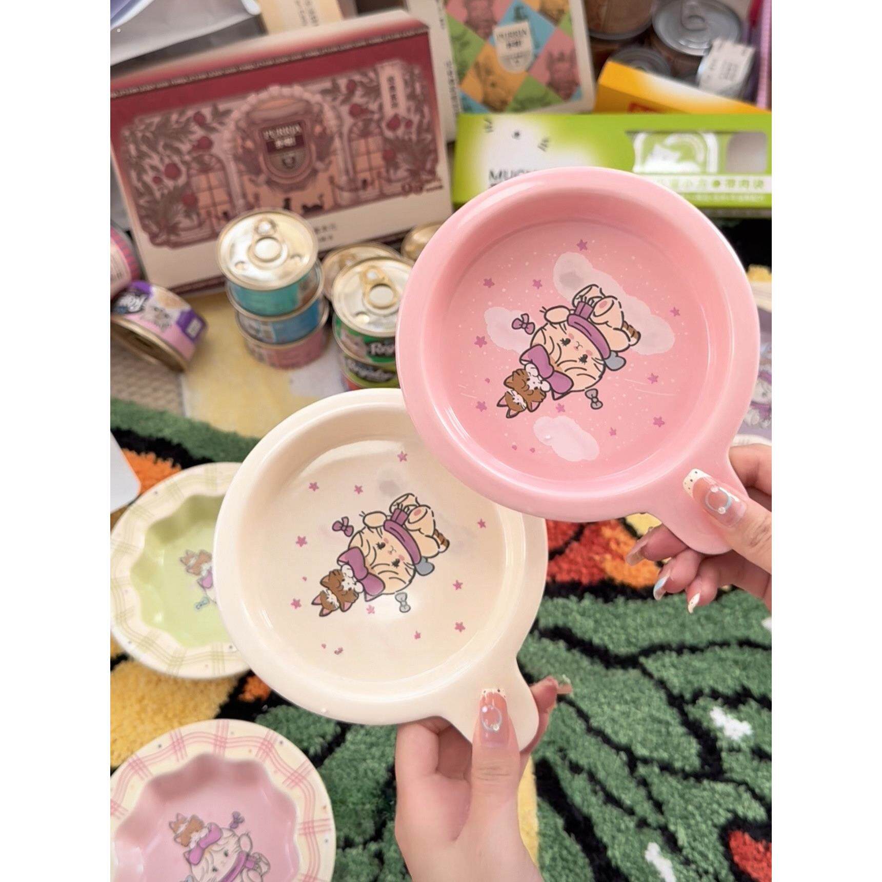 超可爱年糕宠物碗狗碗狗碗猫碗童趣陶瓷平口碗哑光釉面高脚碗餐垫