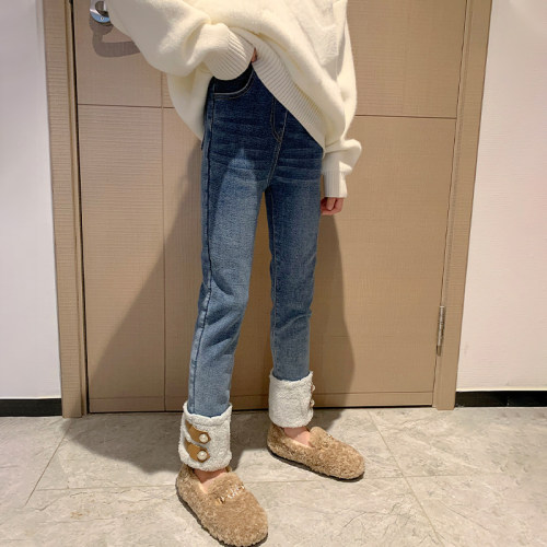 女童加绒裤子修身牛仔裤冬季2022新款中大童弹力加厚儿童洋气裤子