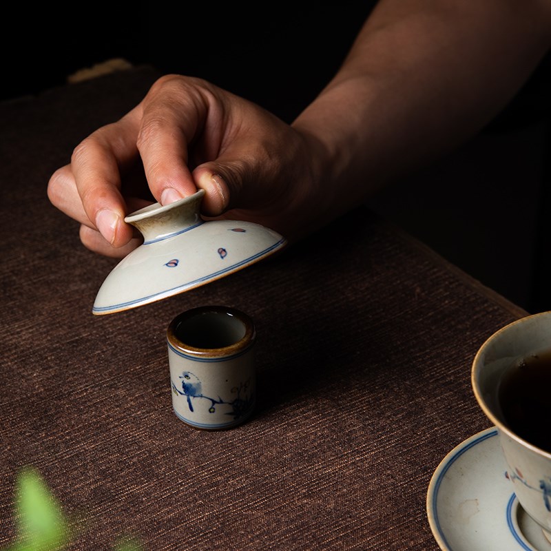 独清 茶道扳指把玩盖置 青花花鸟纯手工茶桌小物件功夫茶具中国风