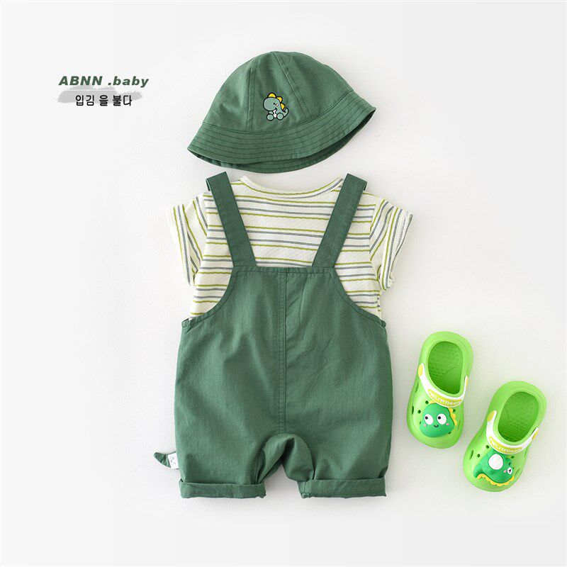 男宝宝夏季背带裤短袖套装一岁女童装2024新款婴儿衣服夏装两件套