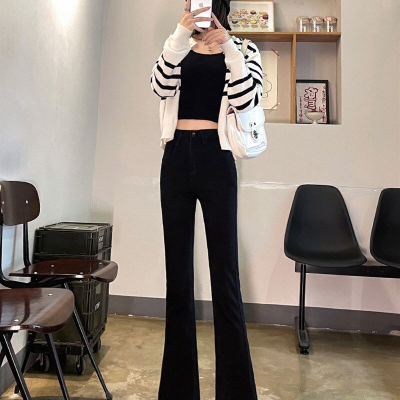 黑色微喇叭牛仔裤女弹力长裤高腰2024春季小个子八分弹力修身显瘦