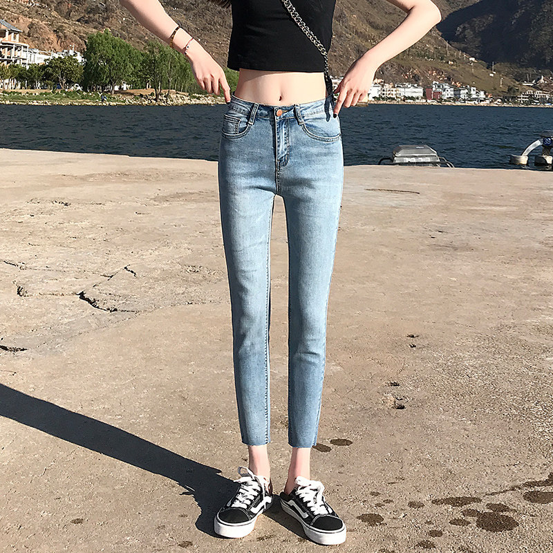 薄款八分高腰牛仔裤女2021夏天浅蓝破洞九分弹力显瘦小个子小脚裤