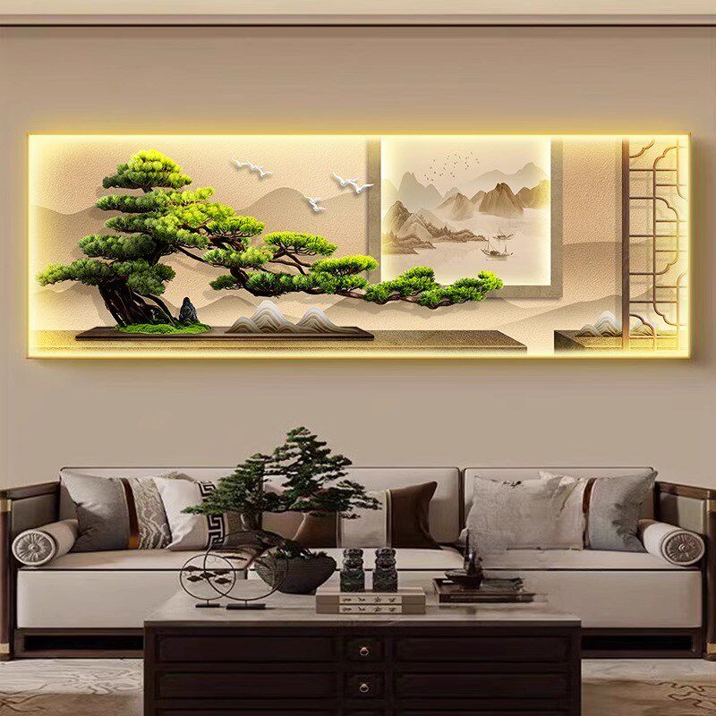 新中式迎客松茶室装饰画轻奢山水led灯画高档客厅沙发背景墙壁画