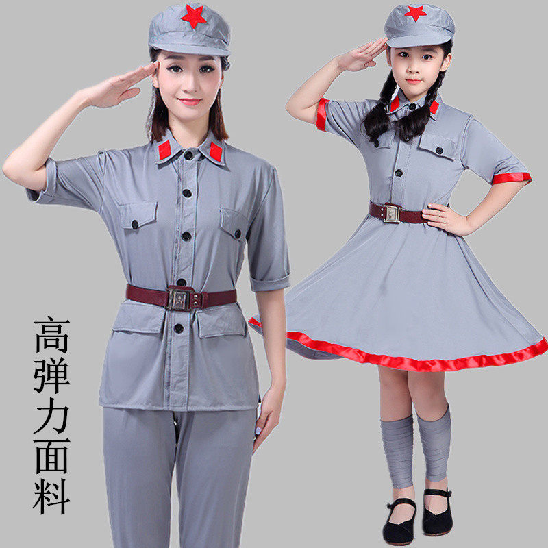 儿童红军演出服八路军装女童短袖套装小学生闪闪红星舞蹈表演服装