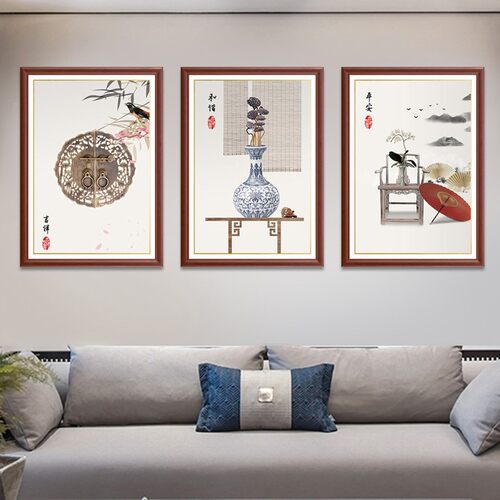 新中式沙发背景墙面装饰画餐厅墙面壁画中国风玄关走廊实木框挂画