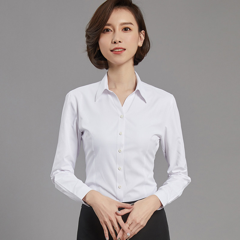 蓝色白领衬衫女职业气质条纹OL衬衣v领工作服长袖大码工装寸正装