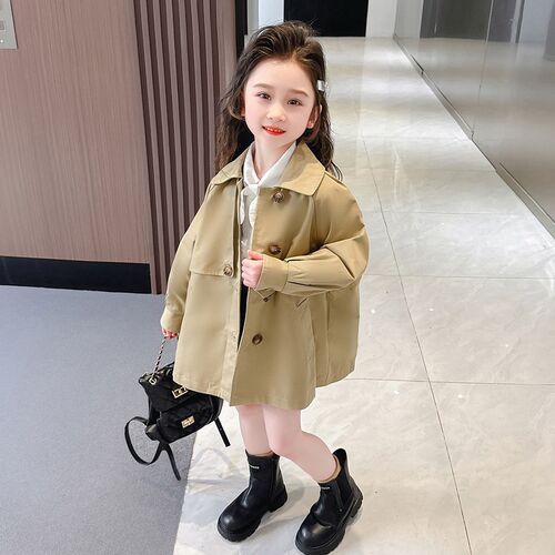 女童纽扣风衣中长款2024新款儿童洋气女孩女宝宝秋季秋装外套上衣