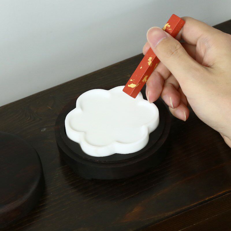 赋比兴 肇庆端砚砚台 海棠砚 白端砚台 黑檀实木带盖白端砚 小楷