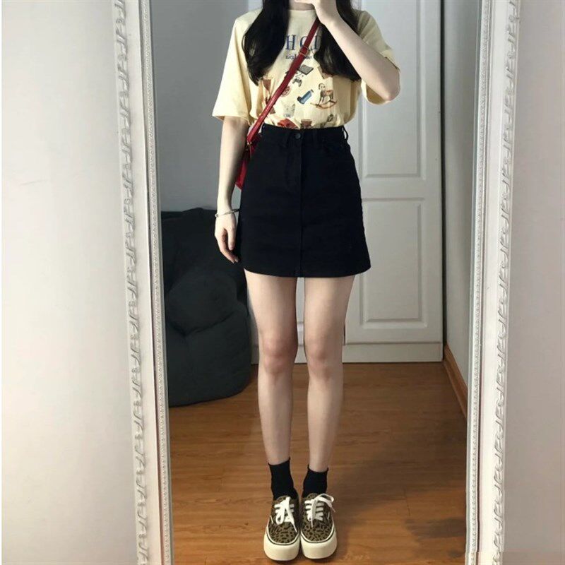 145小个子牛仔短裙女150cm显高穿搭高腰百搭a字包臀半身裙xxs码夏
