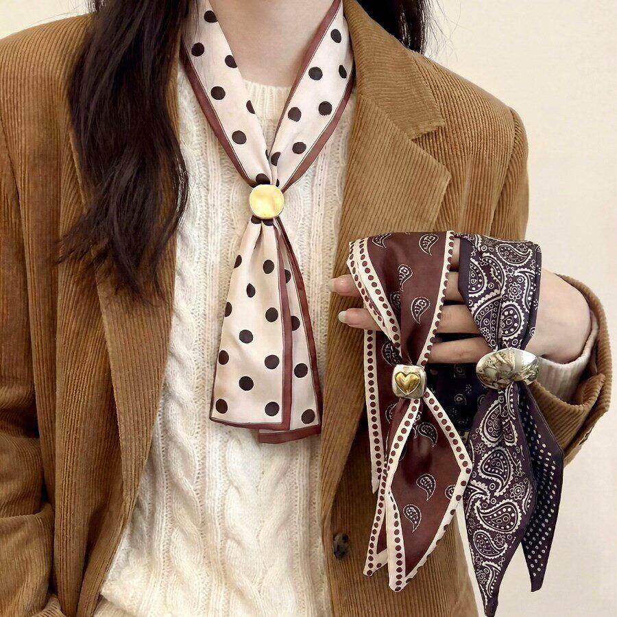 法式复古波点抽拉系脖丝巾项链女高级感领巾长版毛衣炼围巾配饰品