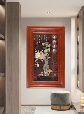 中式玄关装饰画玉雕走廊过道挂画玉石高端壁画3d立体浮雕客厅进门