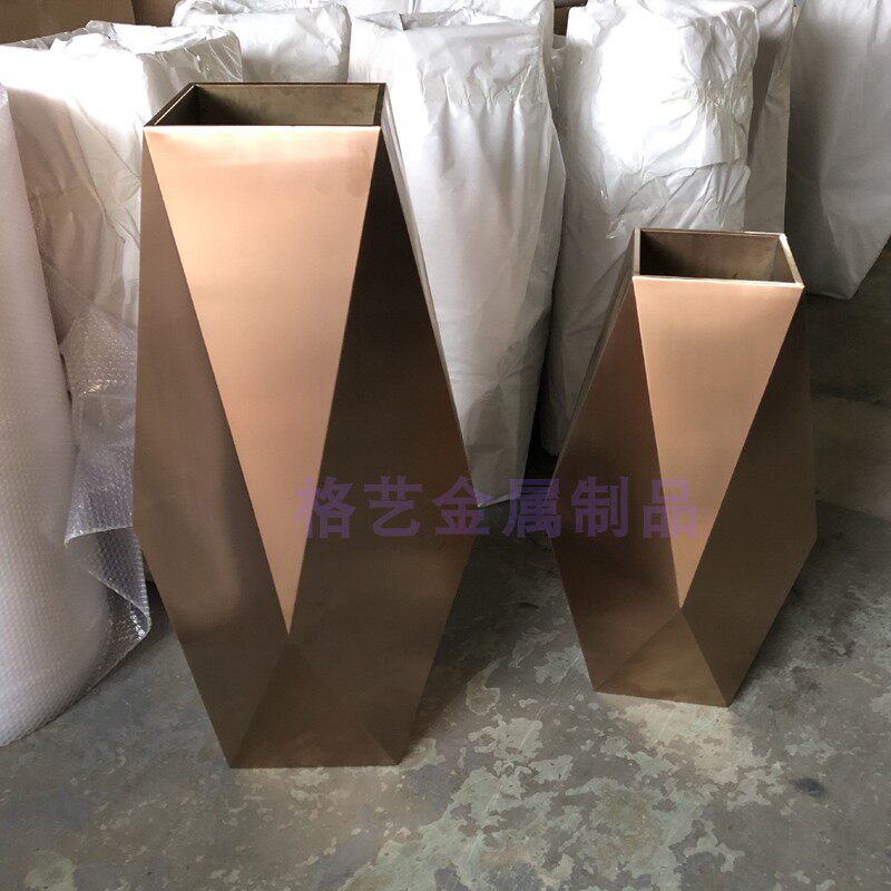 不锈钢花瓶 几何金属花钵 创意新款花器 落地花盆 拉丝玫瑰金