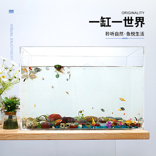 亚克力桌面鱼缸长方形生态裸缸 家用金鱼水草造景书房桌面鱼缸可
