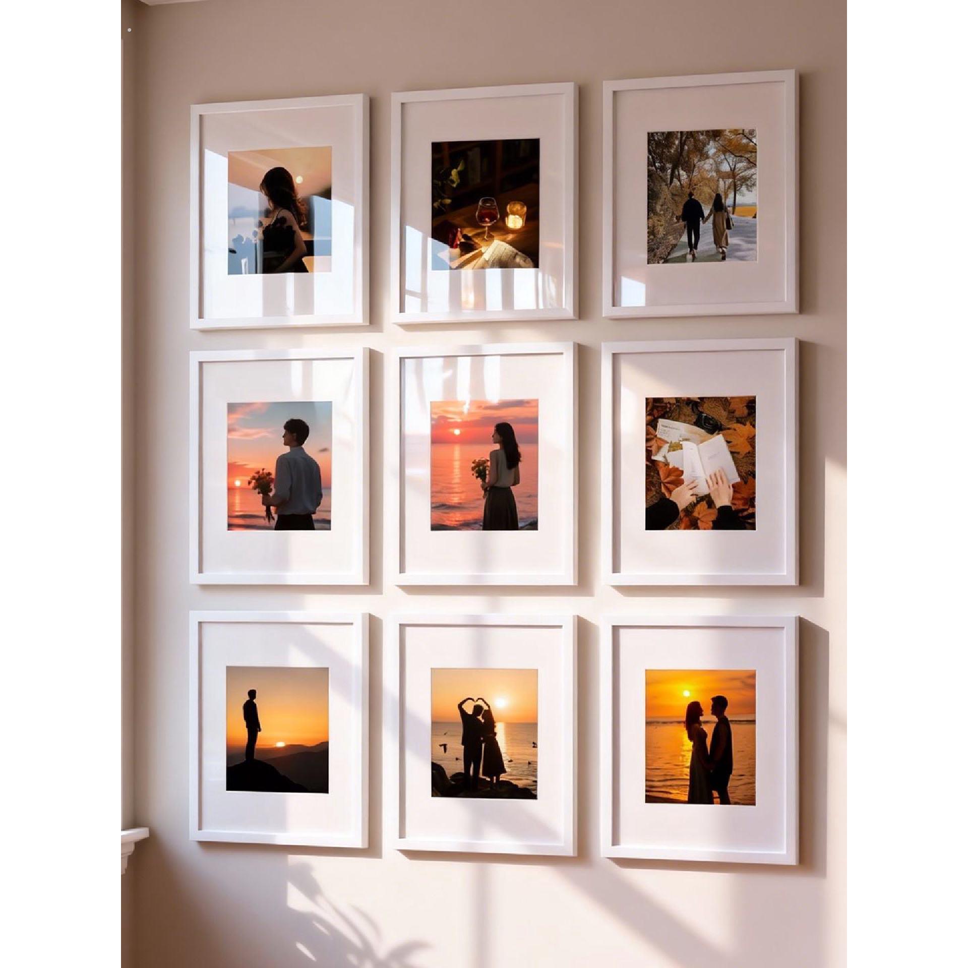 白色实木画框照片墙展示墙相框挂墙高级感挂画组合空框展示框定制